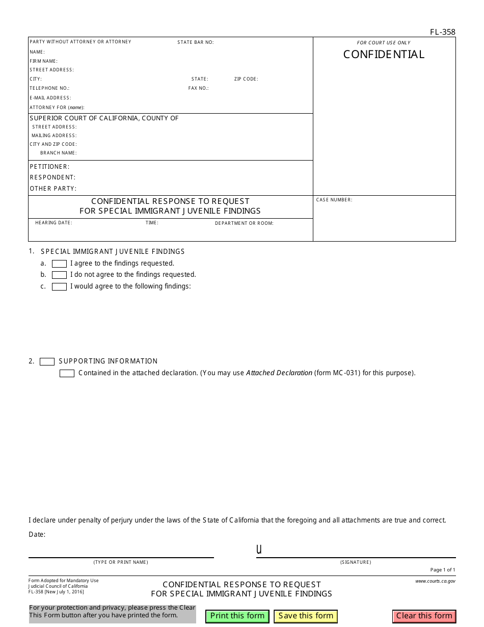 Form FL-358 Confidential Response to Request for Special Immigrant Juvenile Findings - California, Page 1