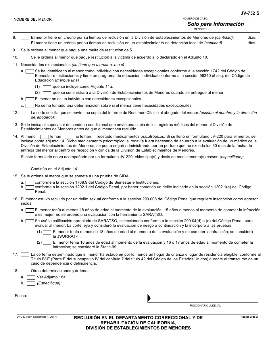 Formulario JV-732 S Reclusion En El Departamento Correccional Y De Rehabilitacion De California, Division De Establecimientos De Menores - California (Spanish), Page 2