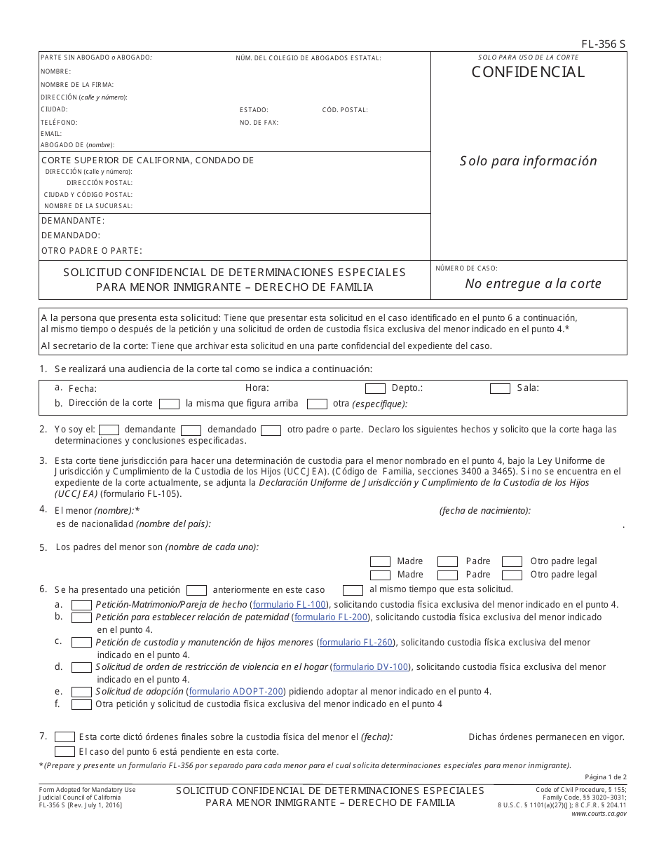 Formulario FL-356 Solicitud Confidencial De Determinaciones Especiales Para Menor Inmigrante - Derecho De Familia - California (Spanish), Page 1