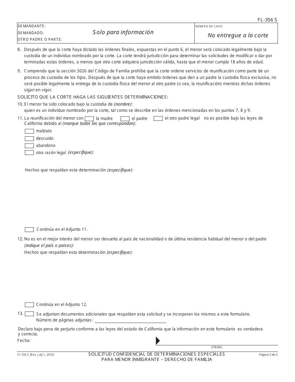 Formulario FL-356 Solicitud Confidencial De Determinaciones Especiales Para Menor Inmigrante - Derecho De Familia - California (Spanish), Page 2
