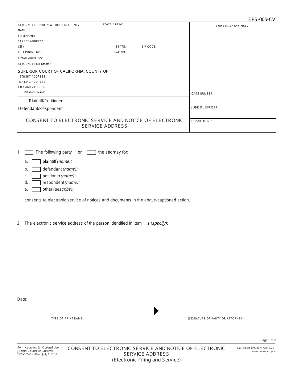 Form EFS-005-CV Consent to Electronic Service and Notice of Electronic Notification Address - California, Page 1