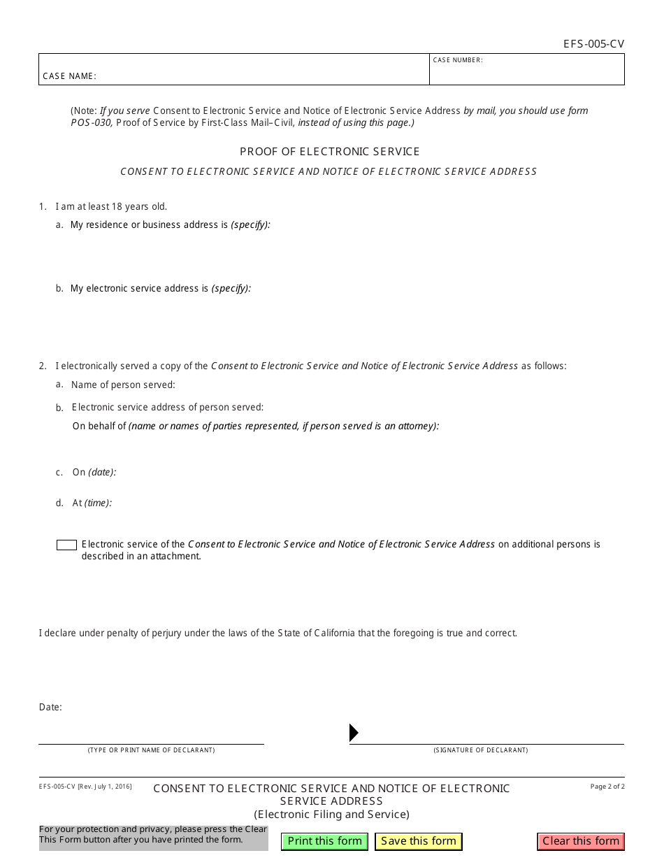 Form EFS-005-CV Consent to Electronic Service and Notice of Electronic Notification Address - California, Page 2