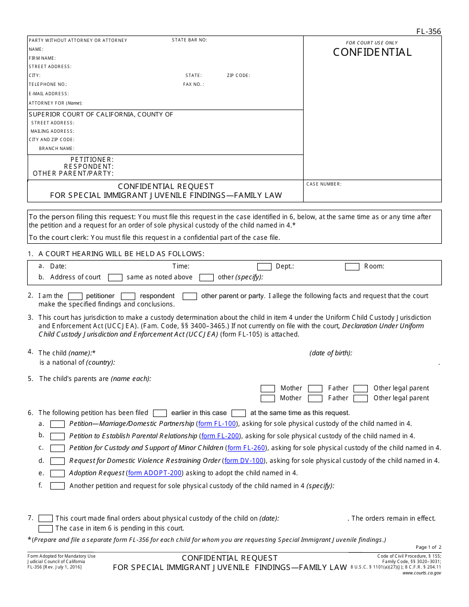 Form FL-356 Confidential Request for Special Immigrant Juvenile Findings - Family Law - California, Page 1