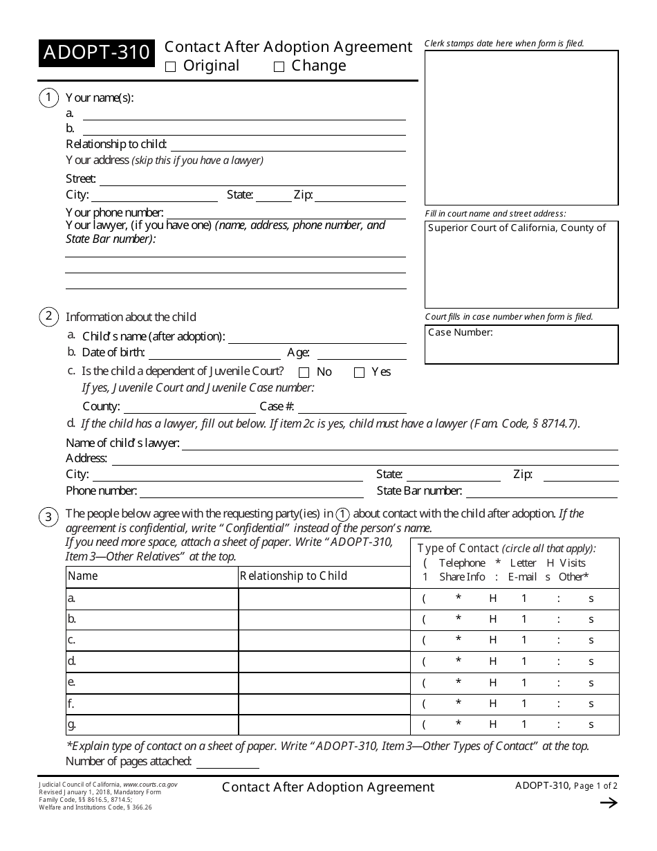 Form ADOPT-310 Contact After Adoption Agreement - California, Page 1