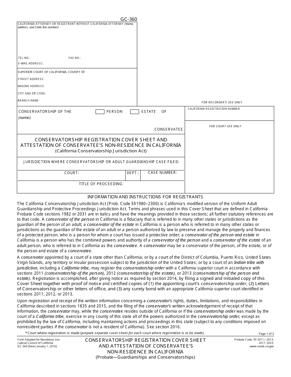 Form GC-360 Conservatorship Registration Cover Sheet and Attestation of Conservatees Non-residence in California - California, Page 1
