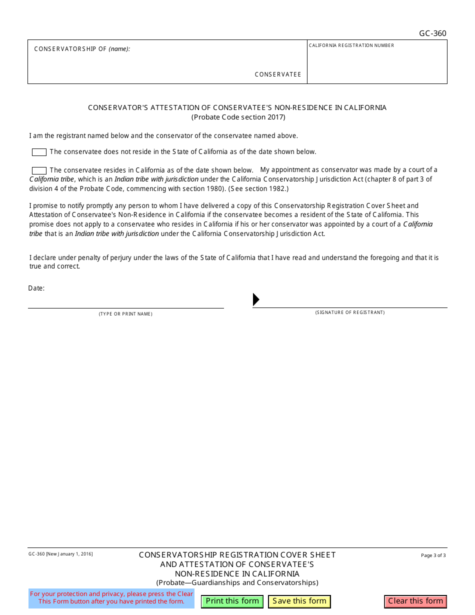 Form GC-360 Conservatorship Registration Cover Sheet and Attestation of Conservatees Non-residence in California - California, Page 3