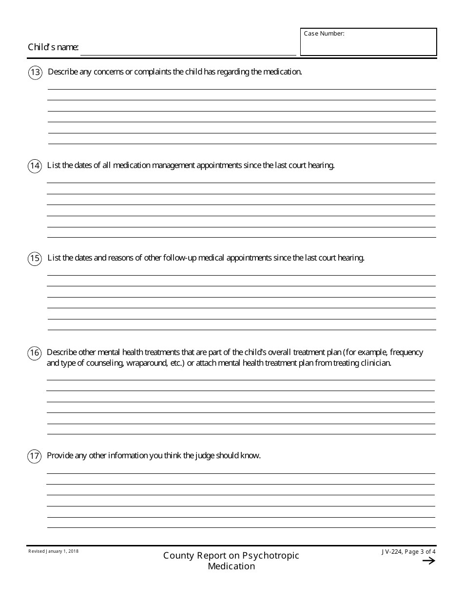 Form JV-224 County Report on Psychotropic Medication - California, Page 3