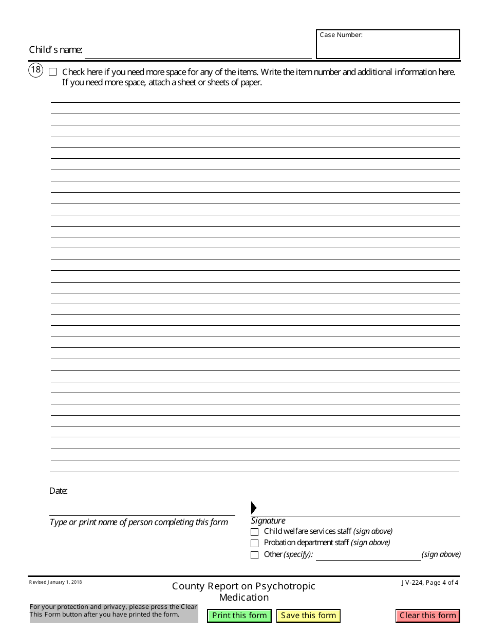 Form JV-224 County Report on Psychotropic Medication - California, Page 4