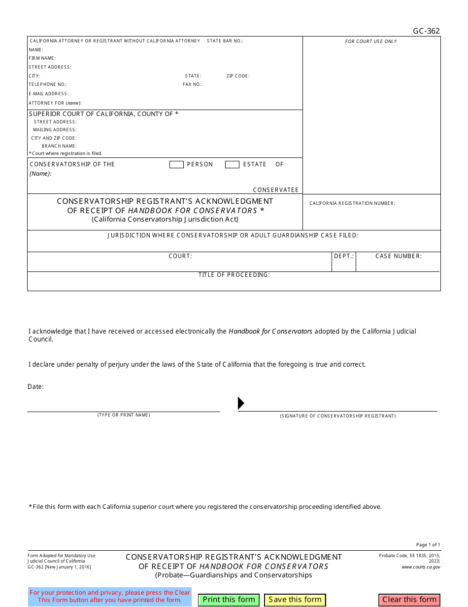 Form GC-362 Conservatorship Registrants Acknowledgment of Receipt of Handbook for Conservators - California, Page 1
