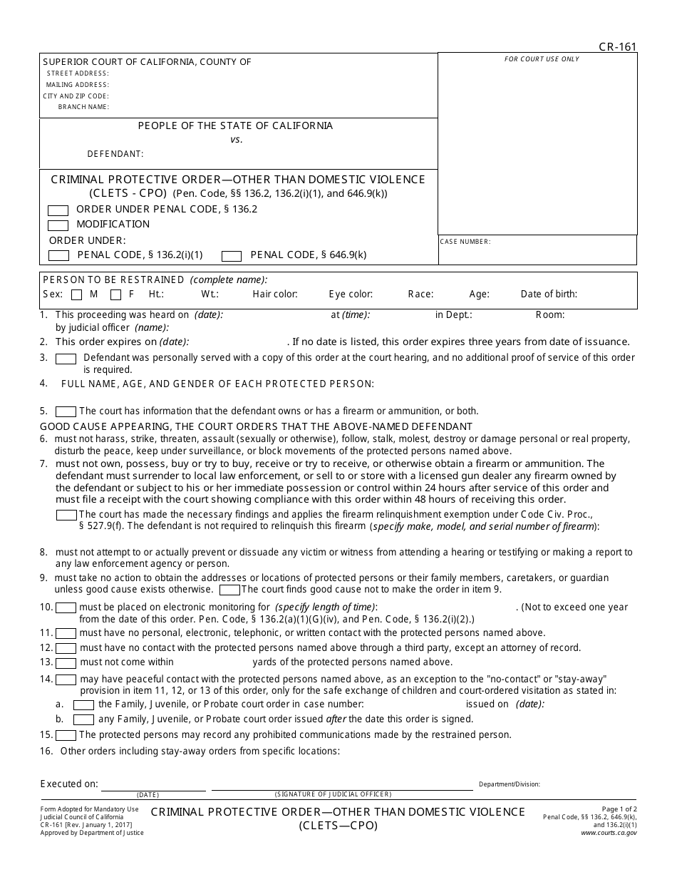 Form CR-161 Criminal Protective Order - Other Than Domestic Violence (Cletscpo) - California, Page 1