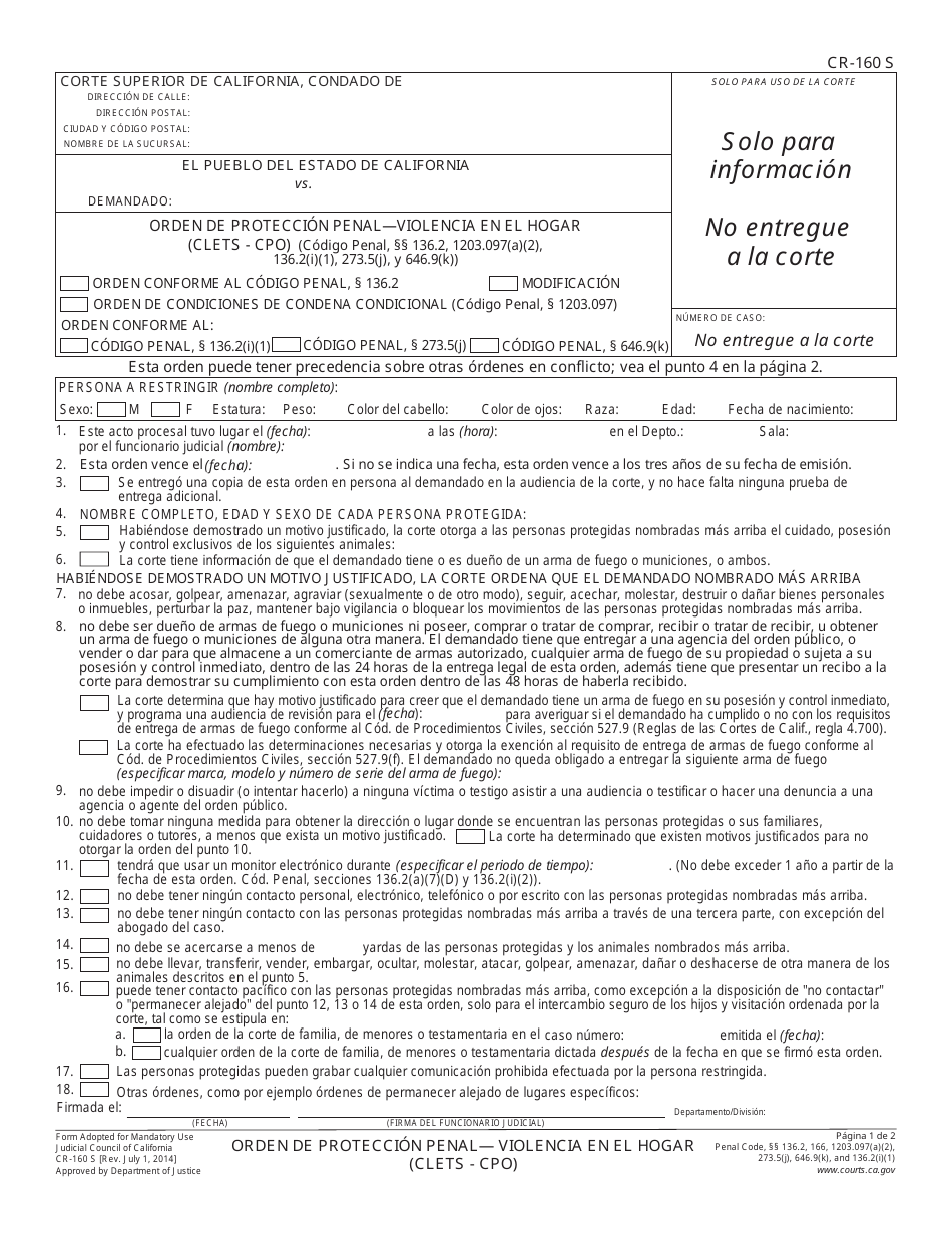 Formulario CR-160 S Orden De Proteccion Penal - Violencia En El Hogar (Clets - Cpo) - California (Spanish), Page 1