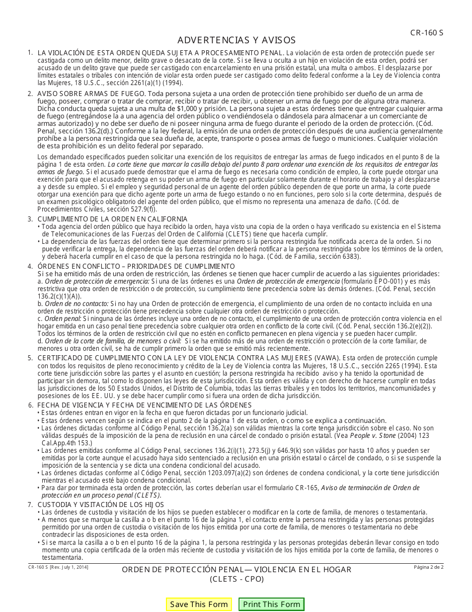 Formulario CR-160 S Orden De Proteccion Penal - Violencia En El Hogar (Clets - Cpo) - California (Spanish), Page 2