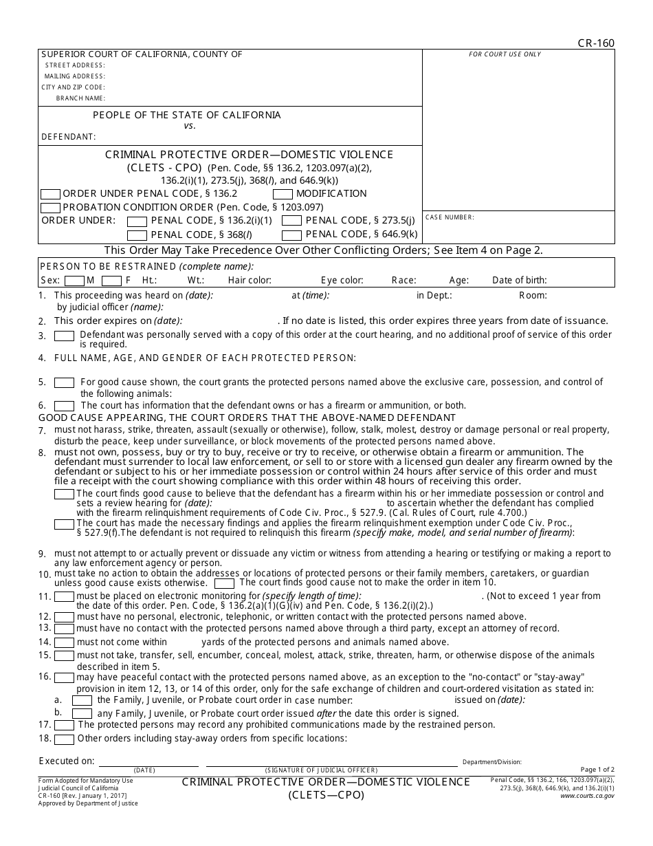 Form CR-160 - Fill Out, Sign Online And Download Fillable PDF ...