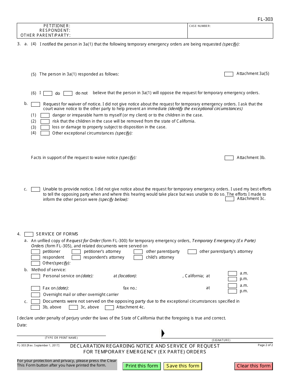 Form FL-303 Declaration Regarding Notice and Service of Request for Temporary Emergency (Ex Parte) Orders - California, Page 2