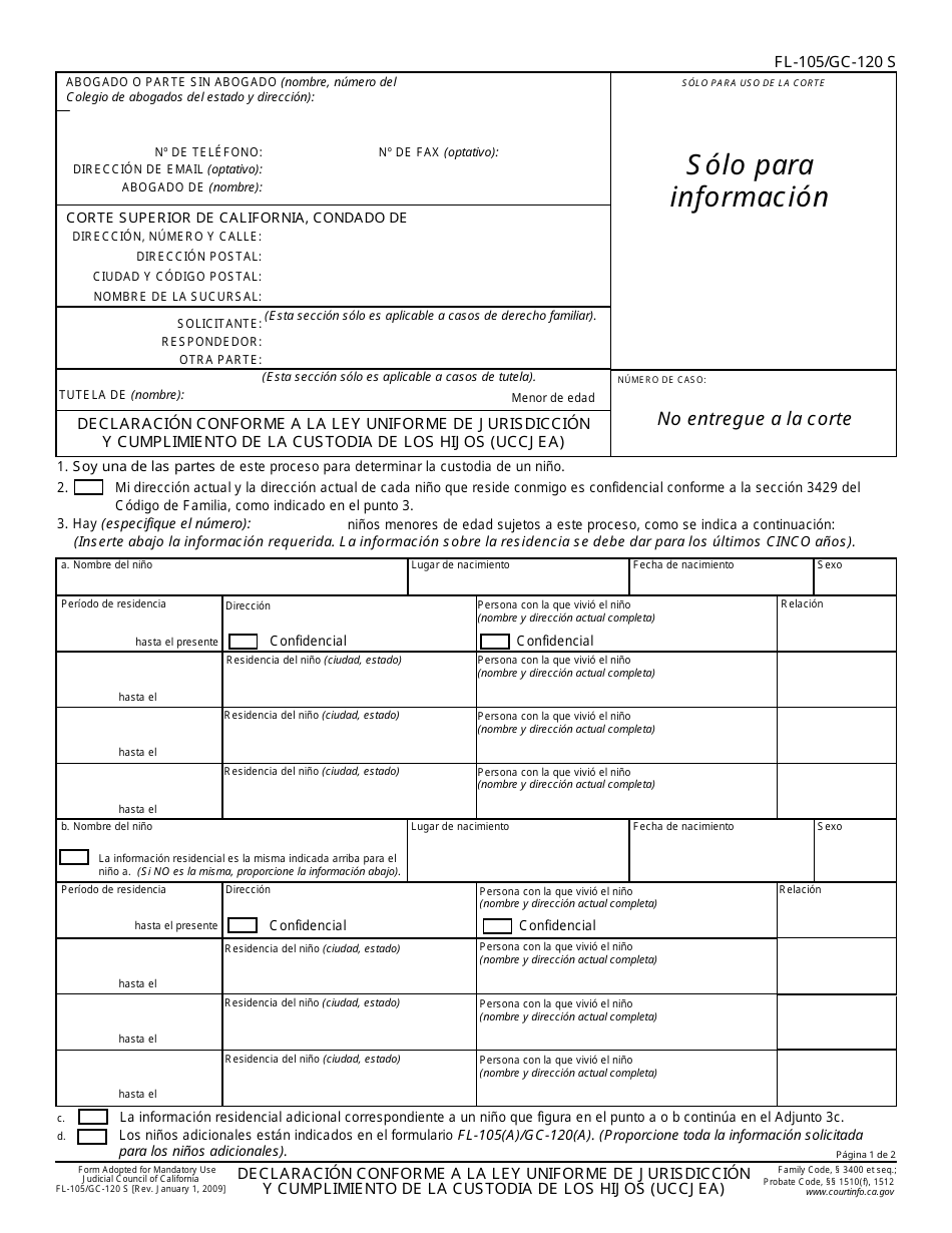 Formulario FL-105 S Declaracion Conforme a La Ley Uniforme De Jurisdiccion Y Cumplimiento De La Custodia De Los Hijos (Uccjea) - California (Spanish), Page 1