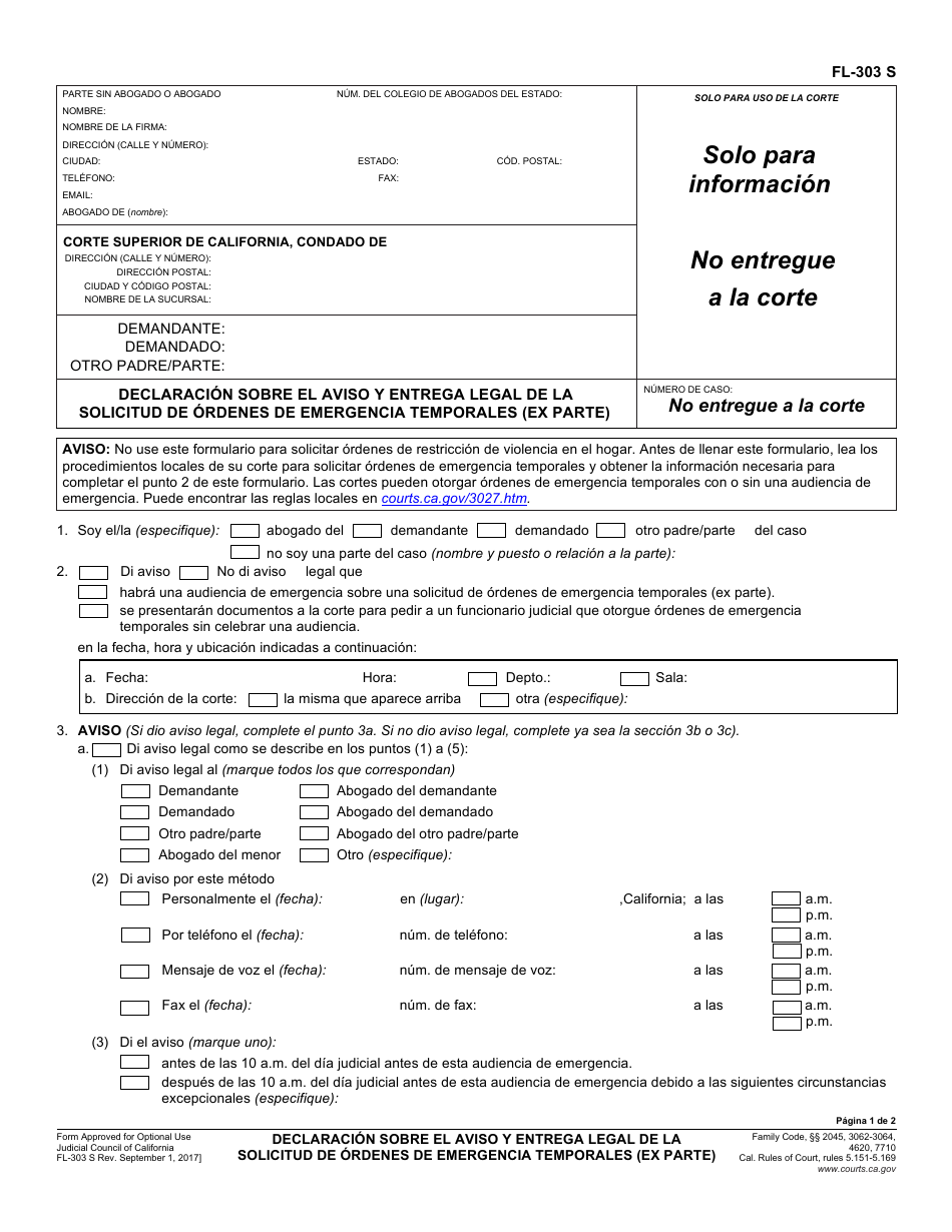 Formulario FL-303 S Declaracion Sobre El Aviso Y Entrega Legal De La Solicitud De Ordenes De Emergencia Temporales (Ex Parte) - California (Spanish), Page 1