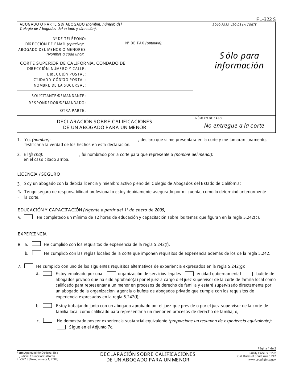 Formulario FL-322 S Declaracion Sobre Calificaciones De Un Abogado Para Un Menor - California (Spanish), Page 1