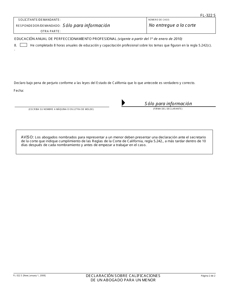 Formulario FL-322 S Declaracion Sobre Calificaciones De Un Abogado Para Un Menor - California (Spanish), Page 2