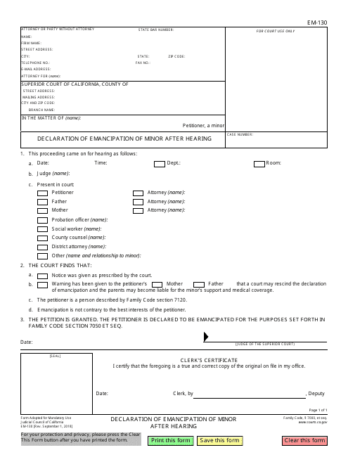 Form EM-130  Printable Pdf