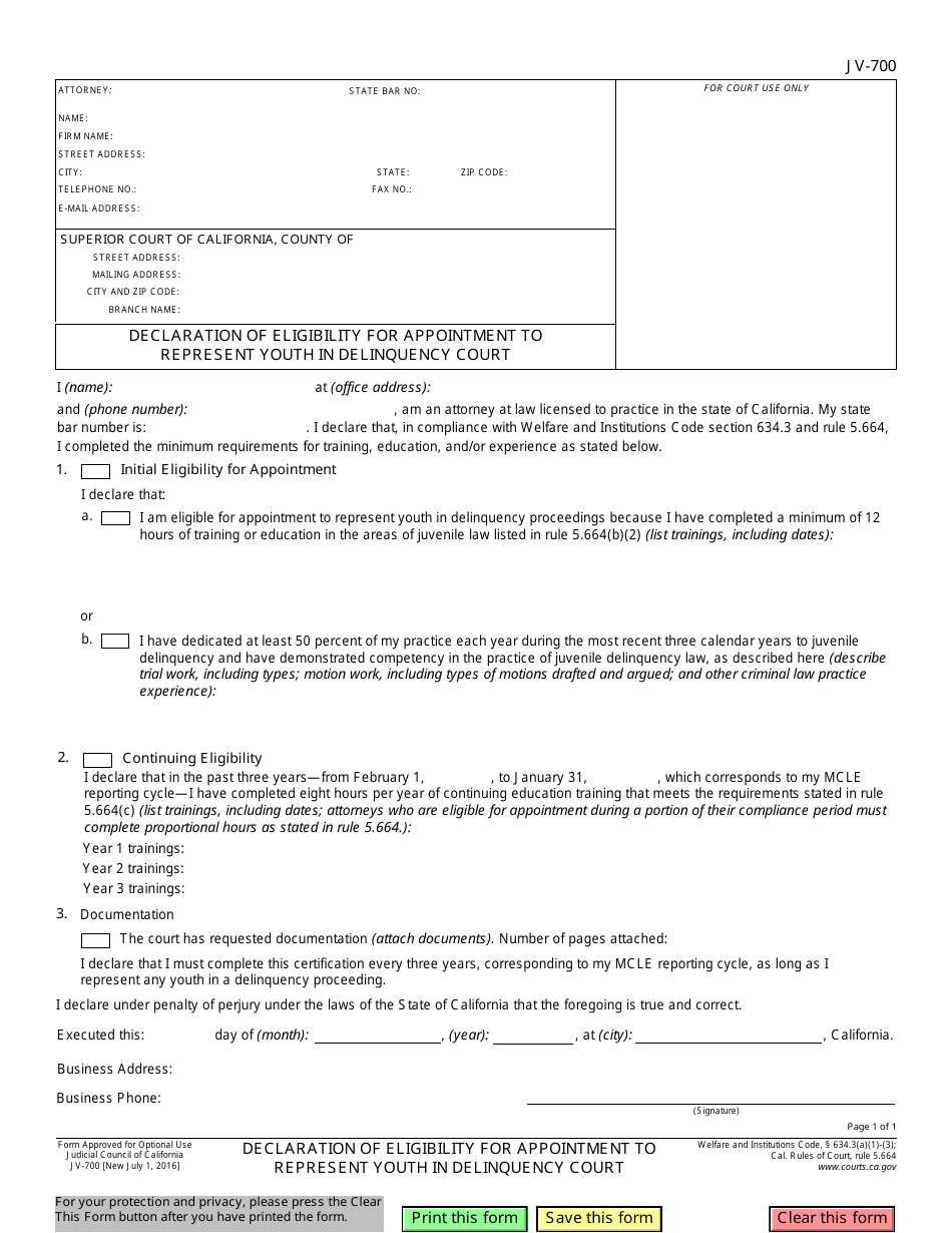 Form JV-700 Declaration of Eligibility for Appointment to Represent Youth in Delinquency Court - California, Page 1
