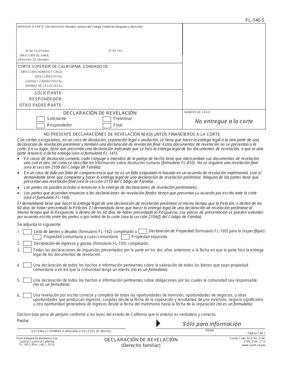 Formulario FL-140 S Declaracion De Revelacion - California (Spanish), Page 1