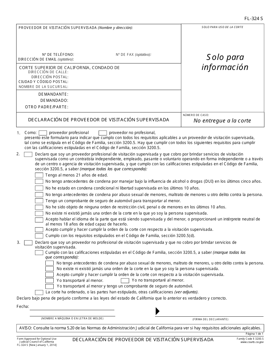 Formulario FL-324 S Declaracion De Proveedor De Visitacion Supervisada - California (Spanish), Page 1