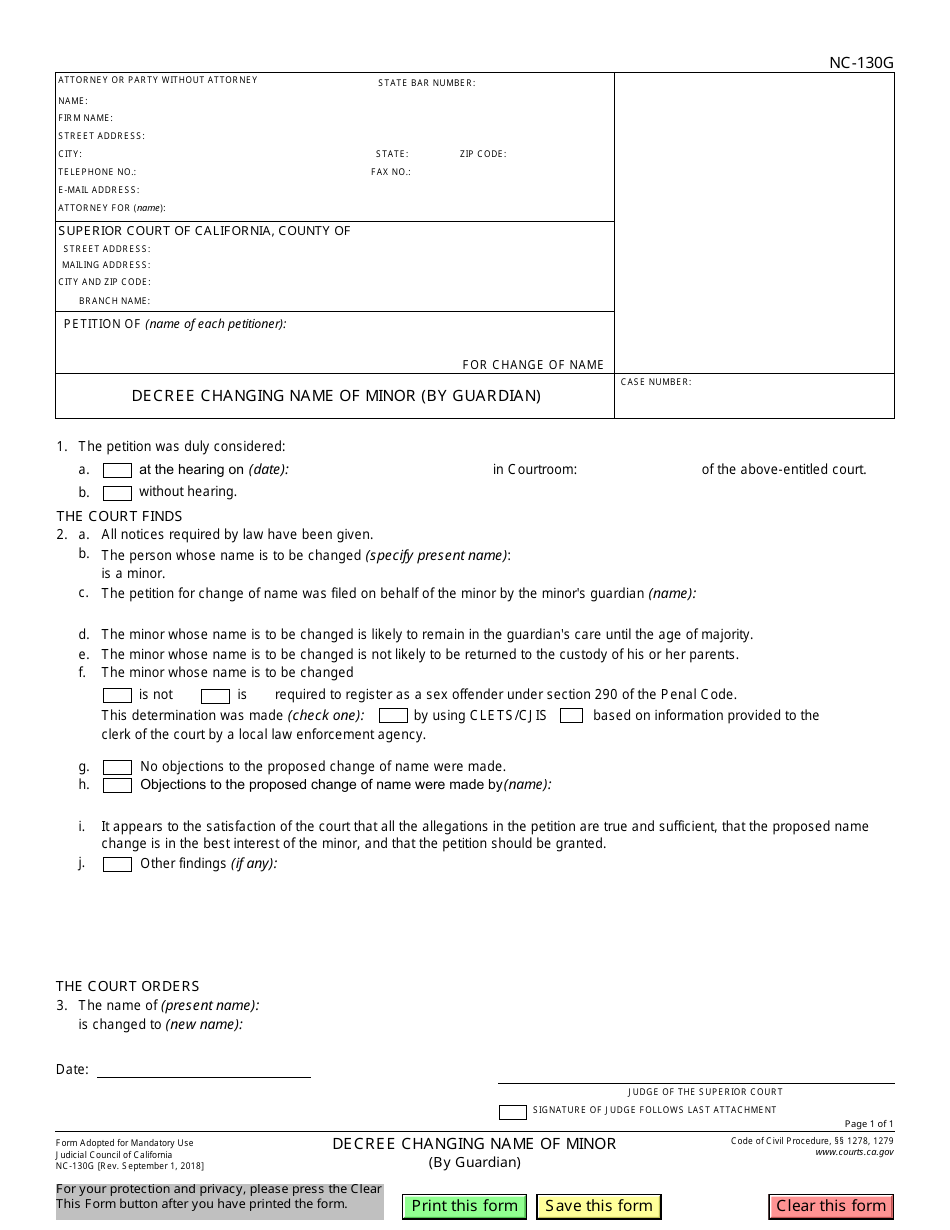 Form NC-130G Decree Changing Name of Minor (By Guardian) - California, Page 1