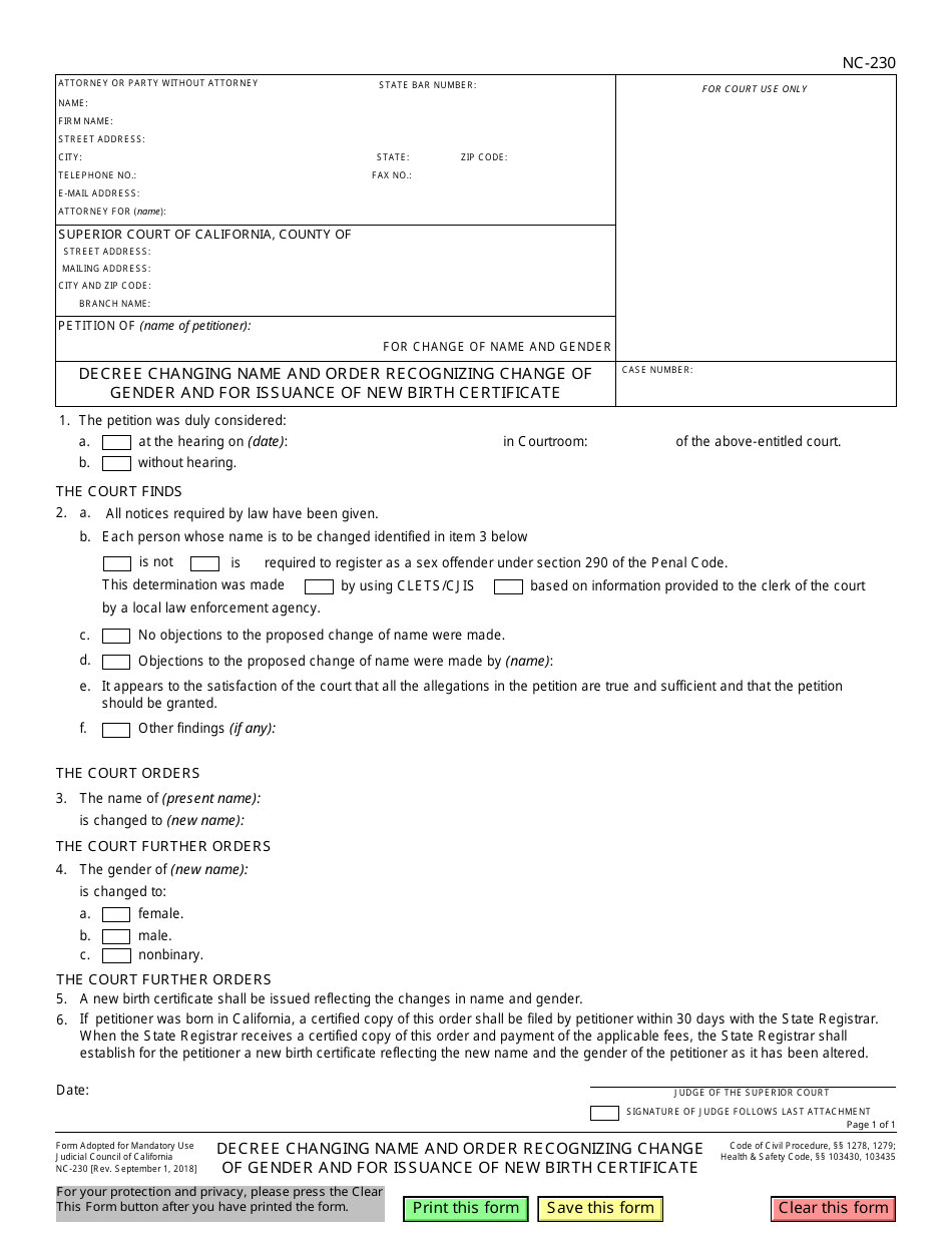 Form NC-230 Decree Changing Name and Order Recognizing Change of Gender and for Issuance of New Birth Certificate - California, Page 1