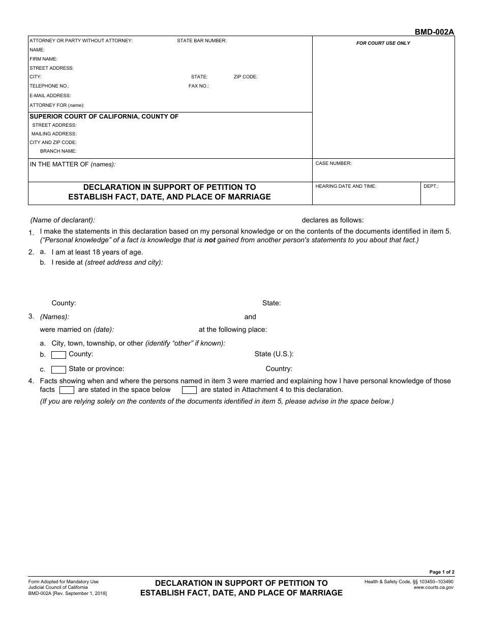 Form BMD-002A Declaration in Support of Petition to Establish Fact, Date, and Place of Marriage - California, Page 1