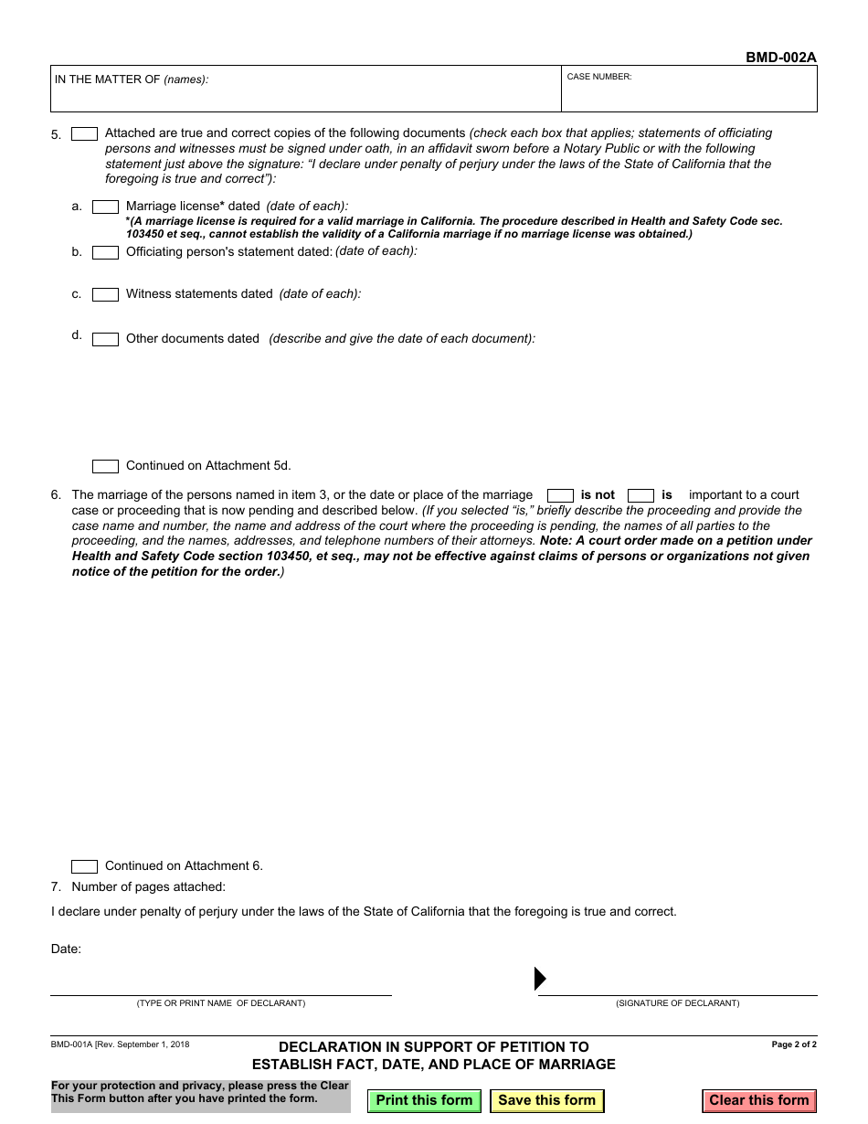 Form BMD-002A Declaration in Support of Petition to Establish Fact, Date, and Place of Marriage - California, Page 2