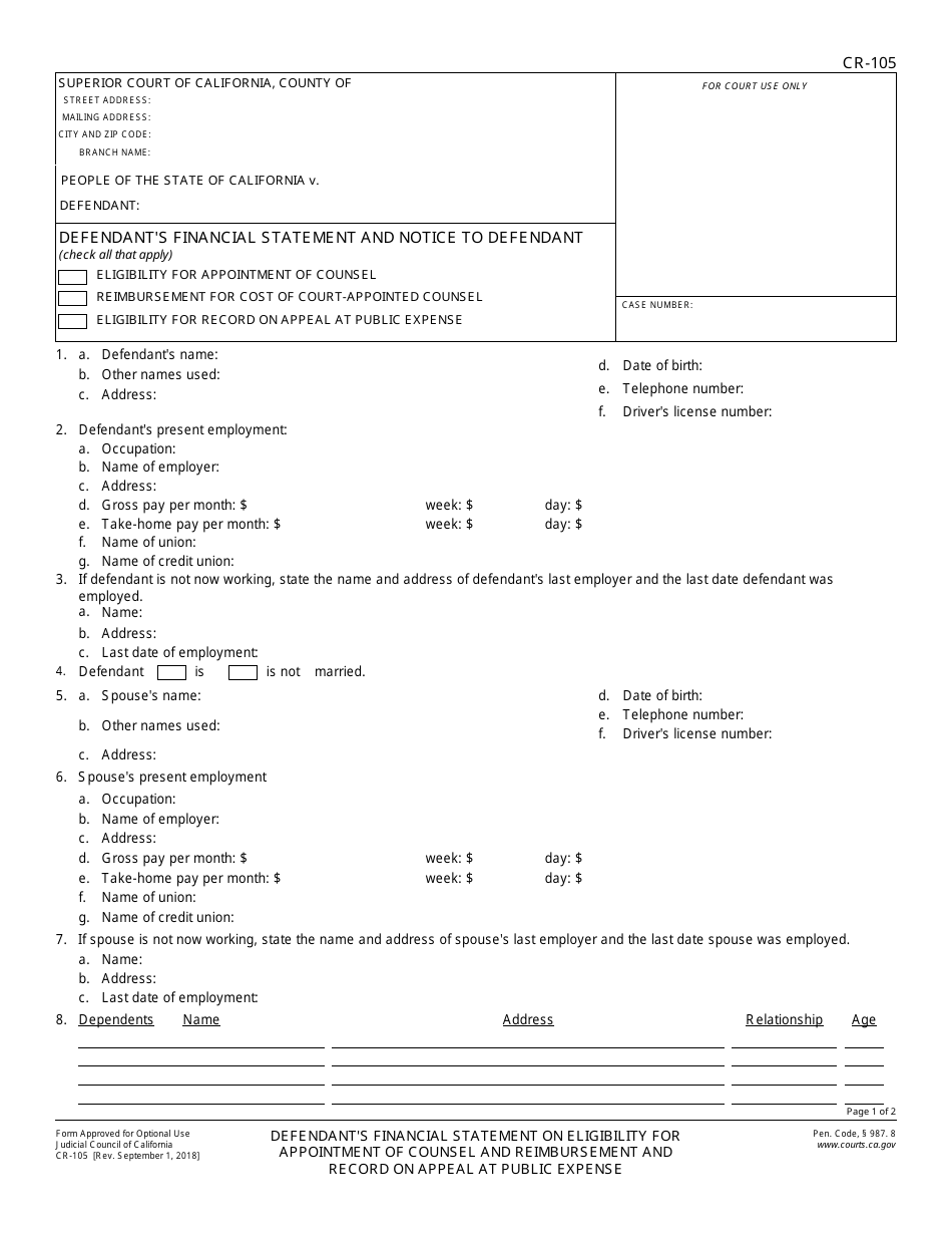 Form CR-105 Defendants Financial Statement on Eligibility for Appointment of Counsel and Reimbursement and Record on Appeal at Public Expense - California, Page 1