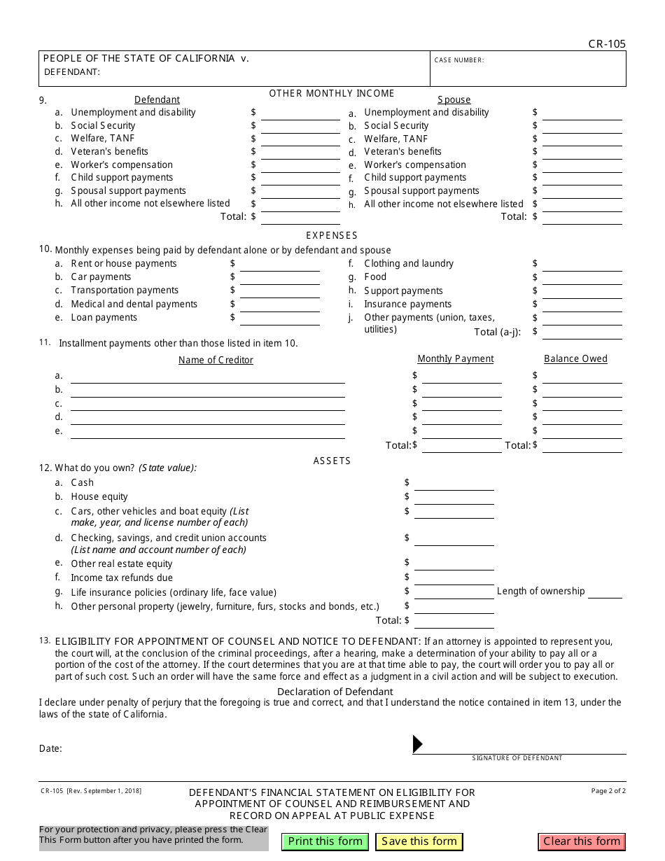 Form CR-105 Defendants Financial Statement on Eligibility for Appointment of Counsel and Reimbursement and Record on Appeal at Public Expense - California, Page 2
