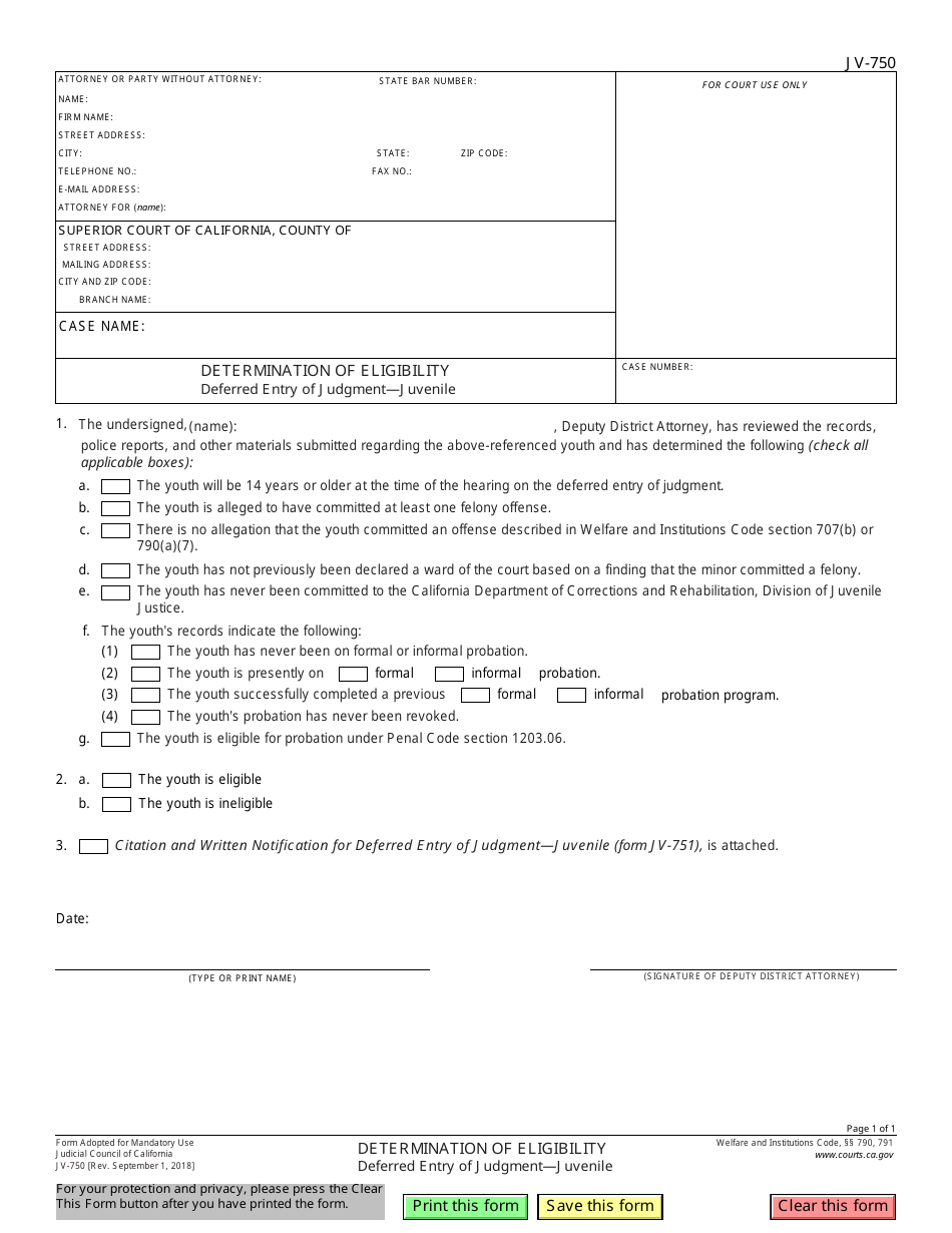 Form JV-750 Determination of Eligibility - Deferred Entry of Judgment-Juvenile - California, Page 1