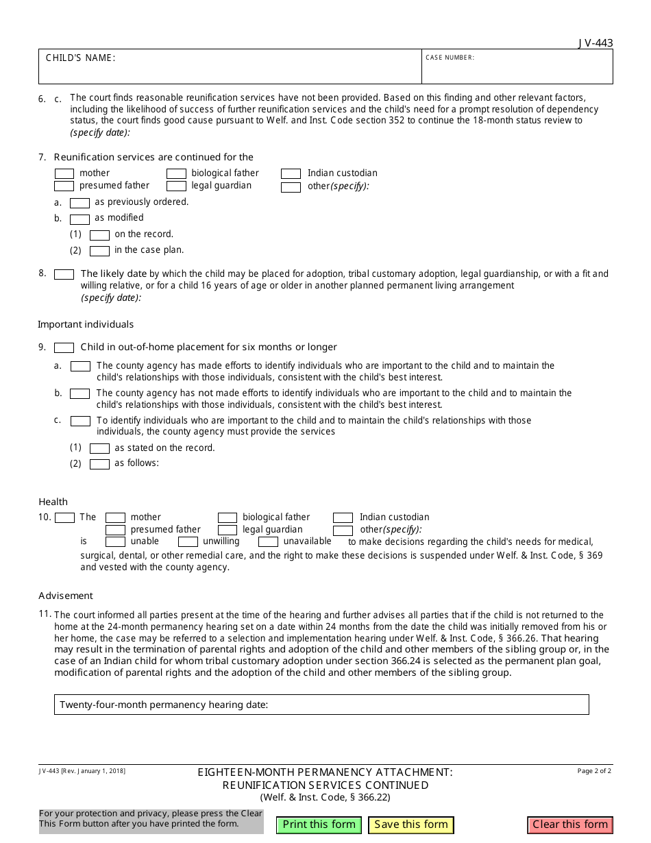 Form JV-443 Eighteen-Month Permanency Attachment - Reunification Services Continued (Welf.  Inst. Code, 366.22) - California, Page 2