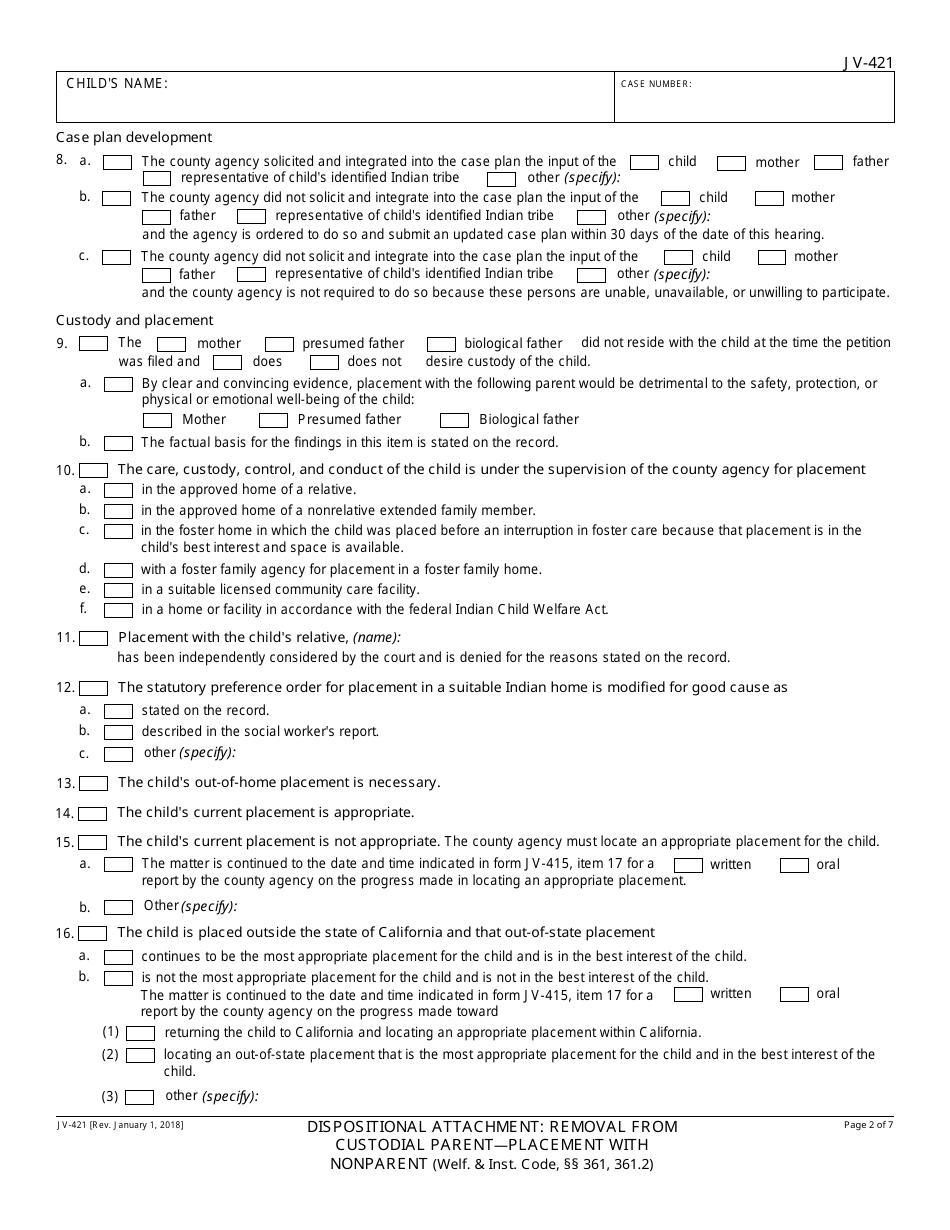 Form JV-421 Dispositional Attachment - Removal From Custodial Parent - Placement With Nonparent - California, Page 2
