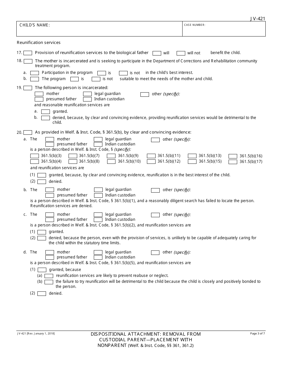 Form JV-421 Dispositional Attachment - Removal From Custodial Parent - Placement With Nonparent - California, Page 3