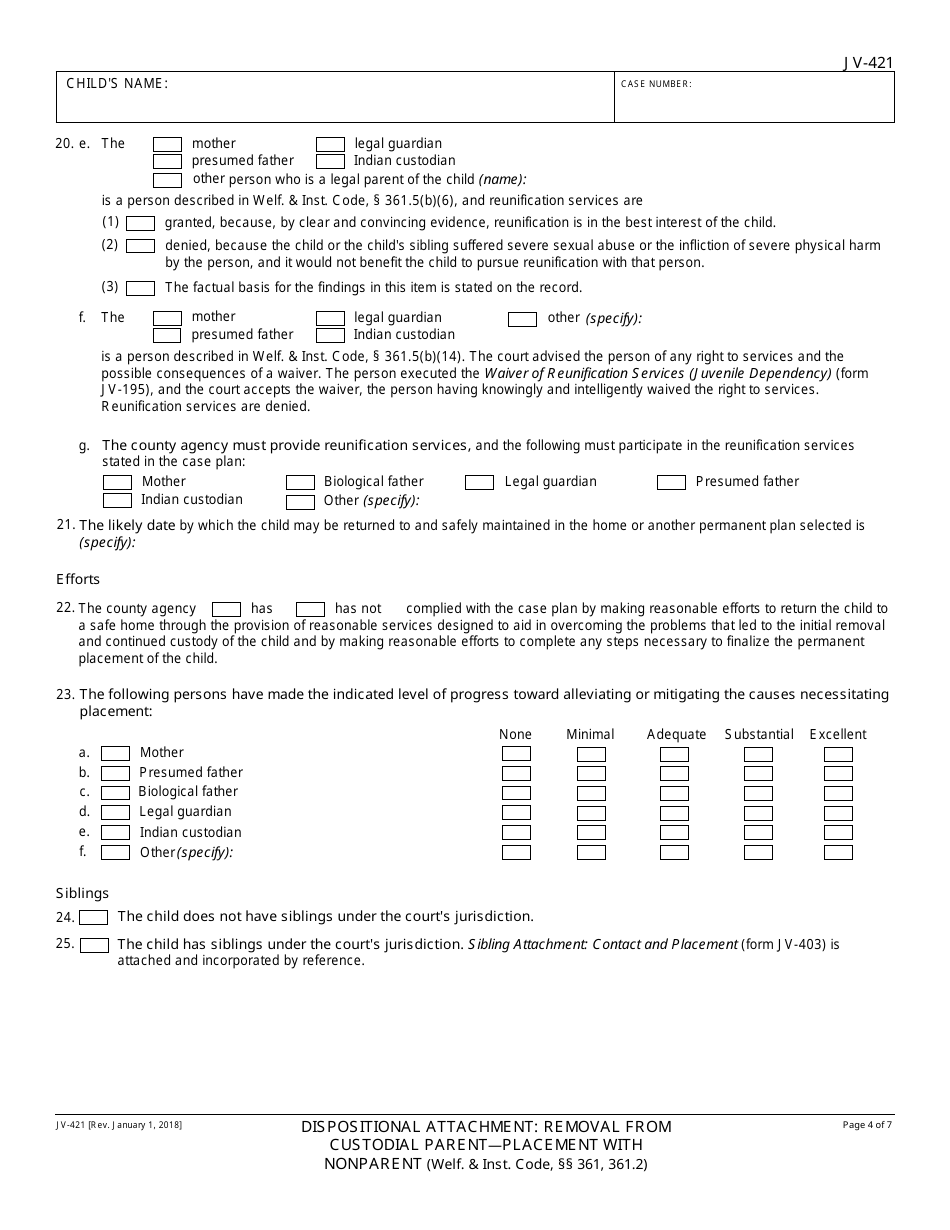Form JV-421 Dispositional Attachment - Removal From Custodial Parent - Placement With Nonparent - California, Page 4