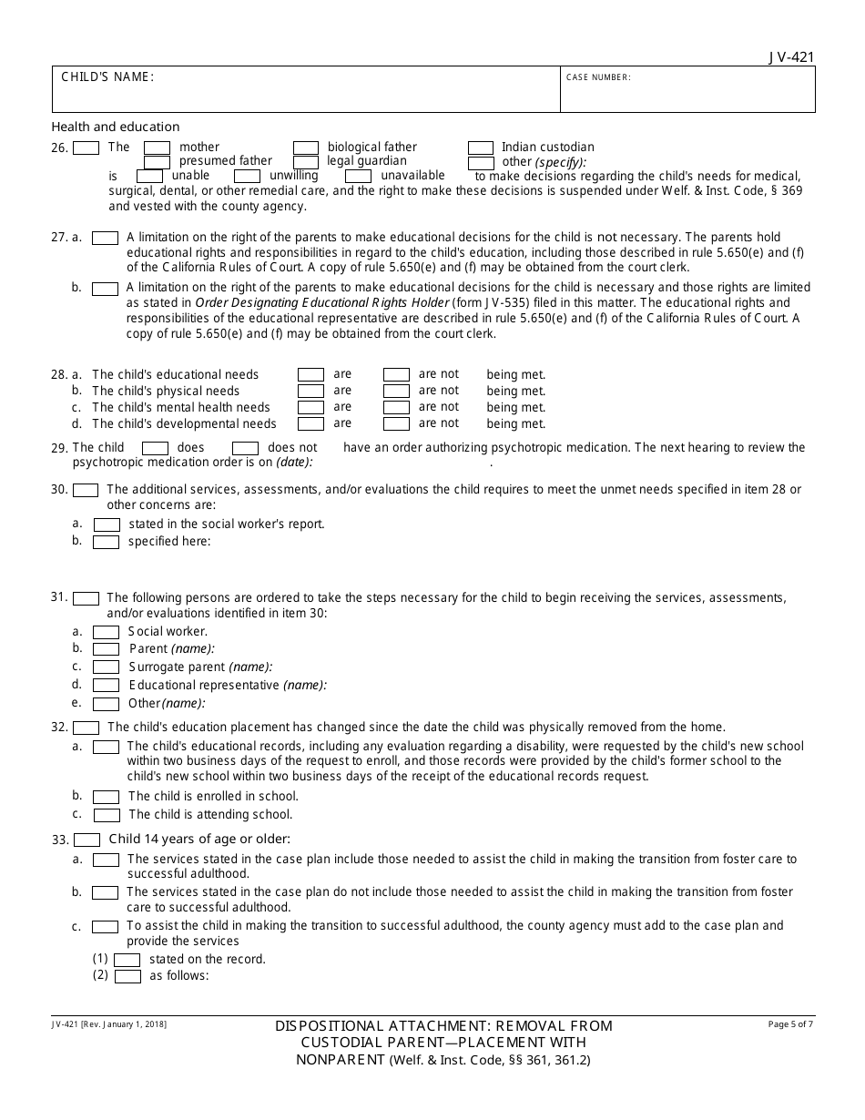 Form JV-421 Dispositional Attachment - Removal From Custodial Parent - Placement With Nonparent - California, Page 5