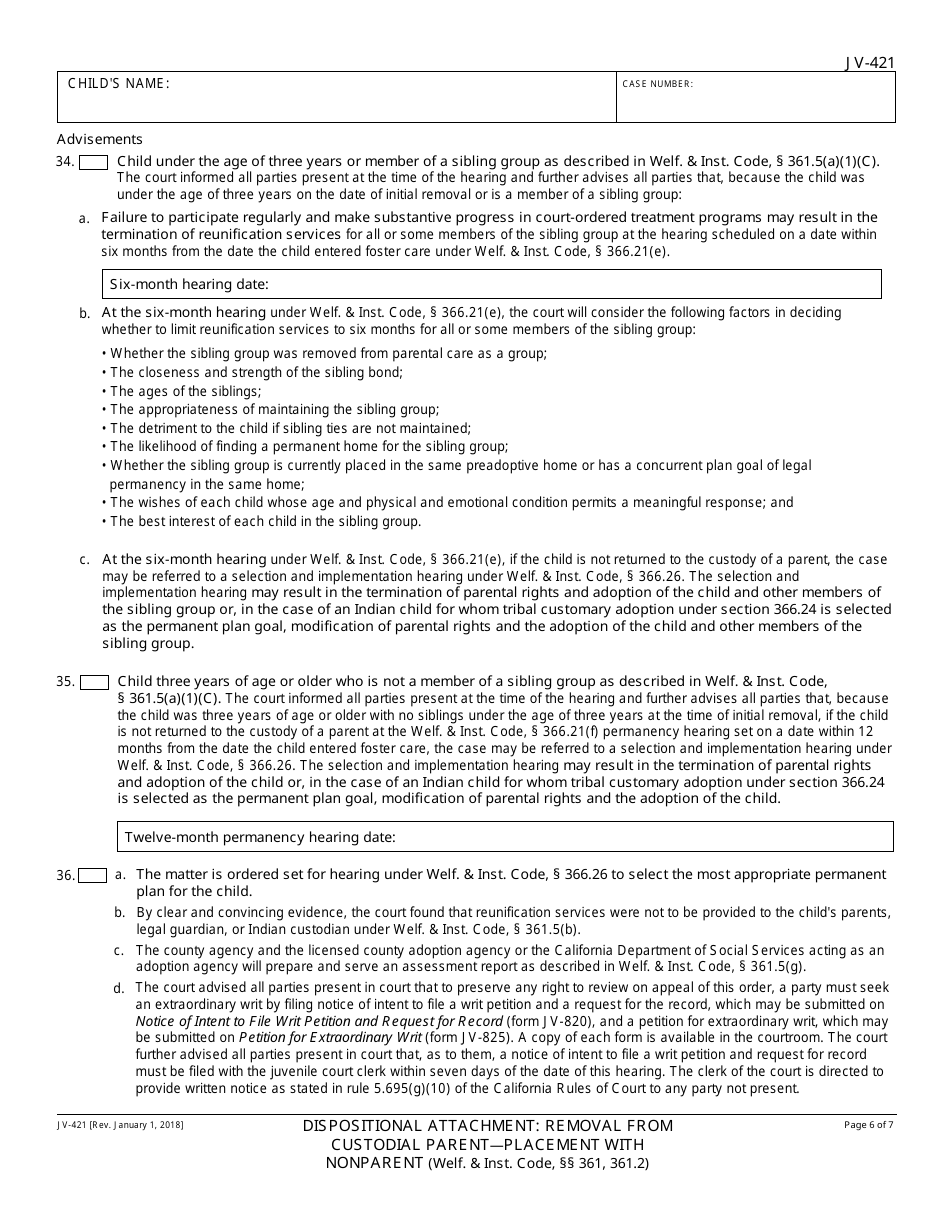 Form JV-421 Dispositional Attachment - Removal From Custodial Parent - Placement With Nonparent - California, Page 6