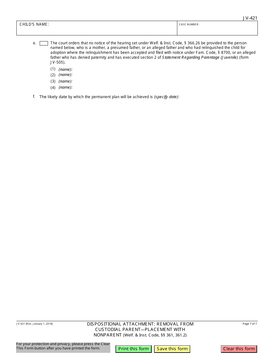 Form JV-421 Dispositional Attachment - Removal From Custodial Parent - Placement With Nonparent - California, Page 7