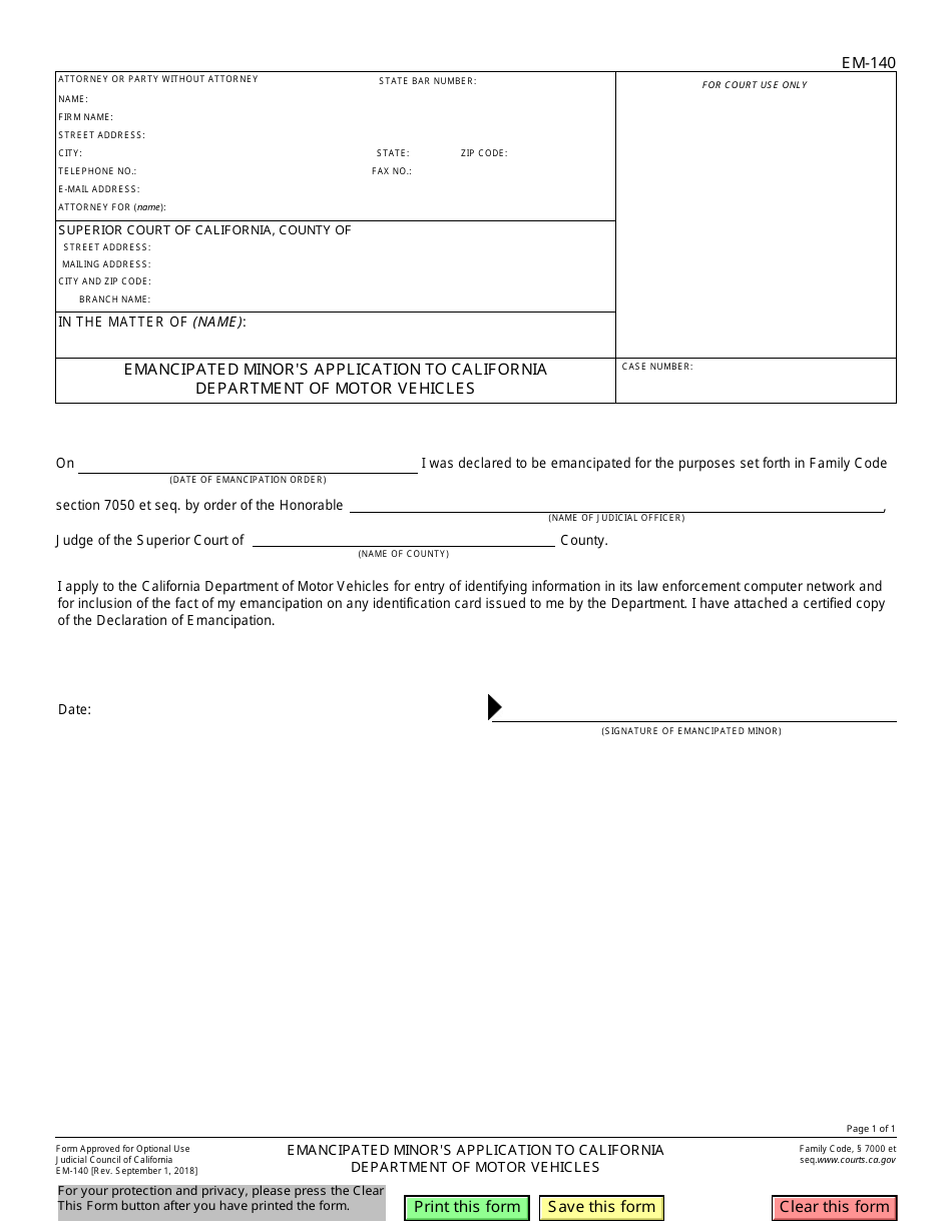 Form EM-140 Emancipated Minors Application to California Department of Motor Vehicles - California, Page 1