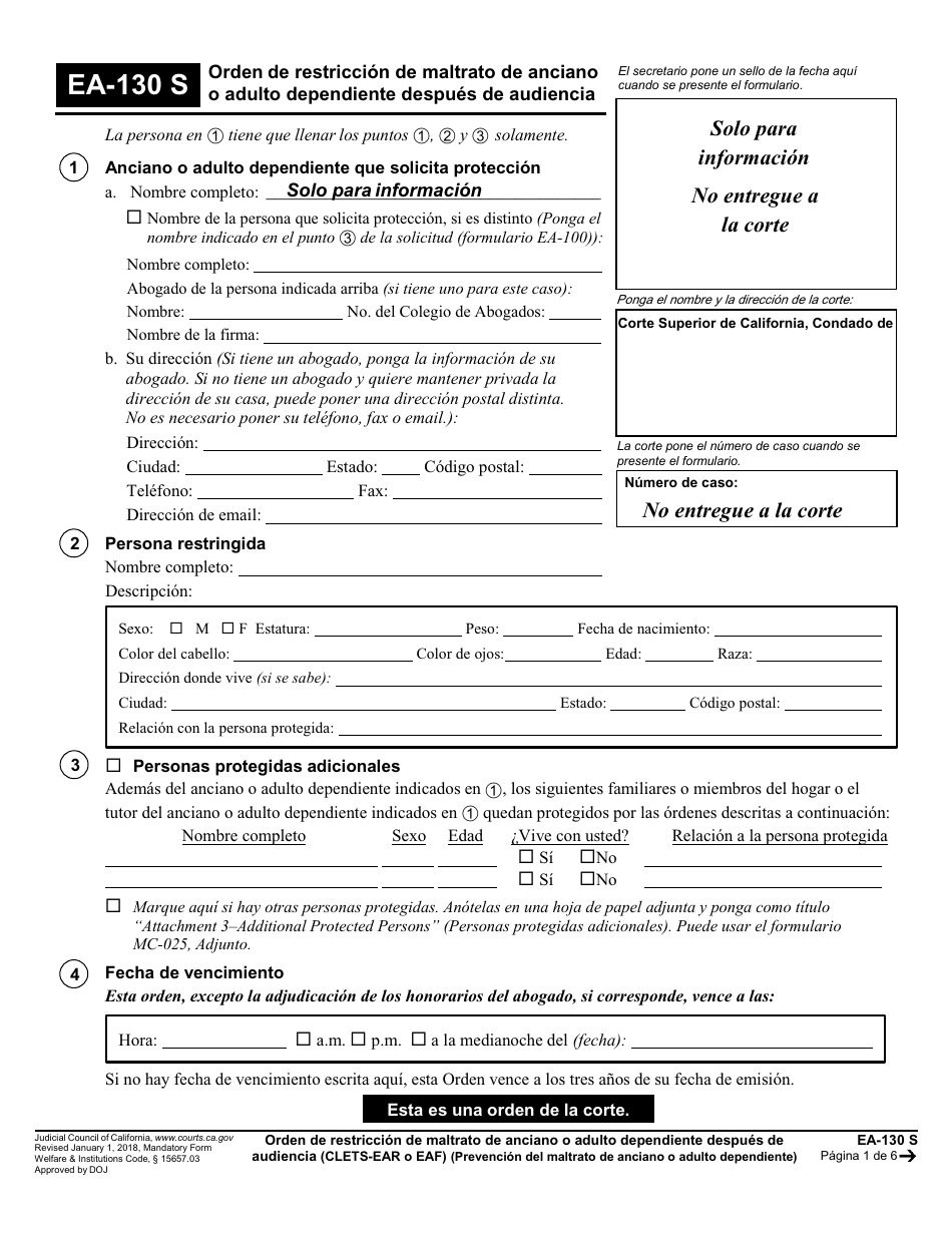 Formulario EA-130 S Orden De Restriccion De Maltrato De Anciano O Adulto Dependiente Despues De Audiencia - California (Spanish), Page 1