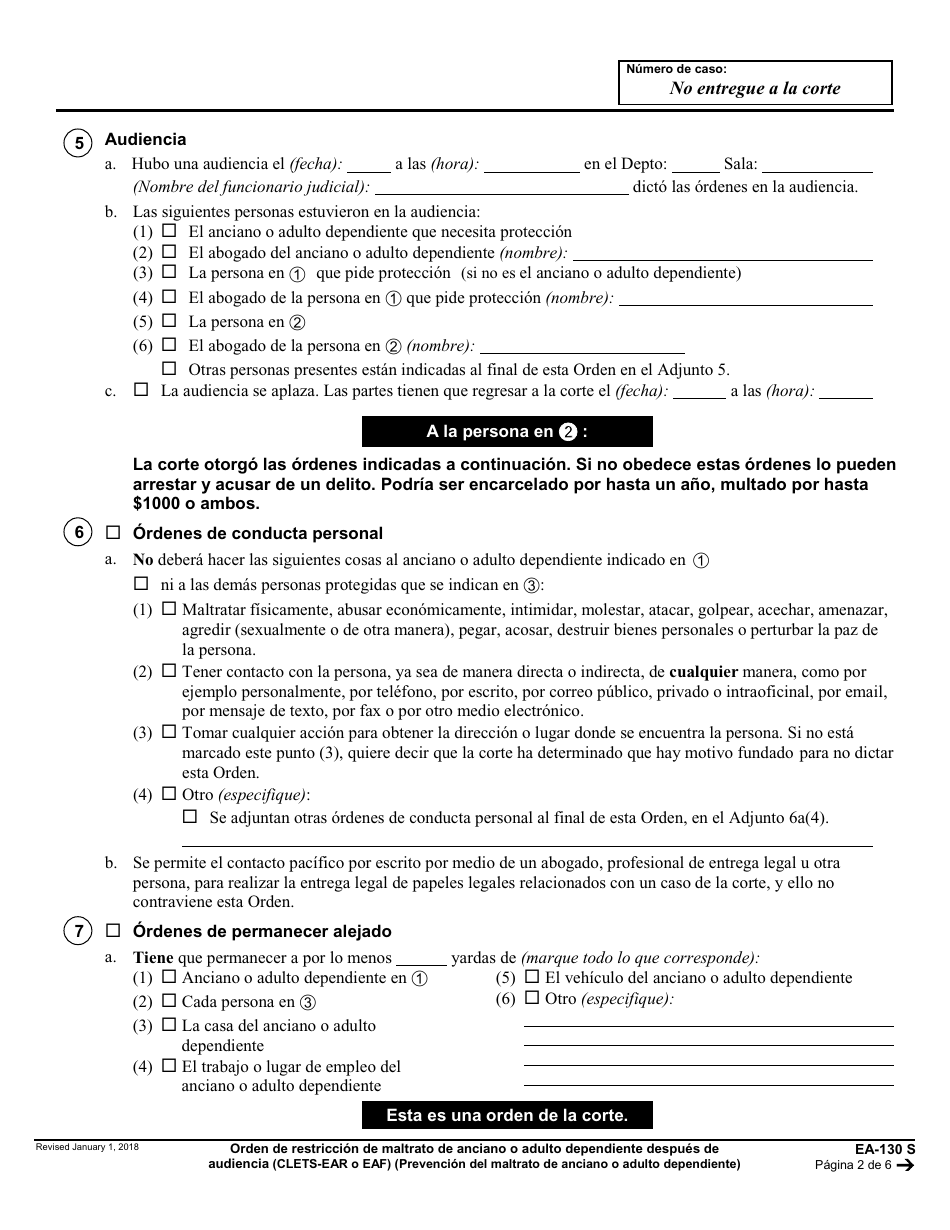 Formulario EA-130 S Orden De Restriccion De Maltrato De Anciano O Adulto Dependiente Despues De Audiencia - California (Spanish), Page 2