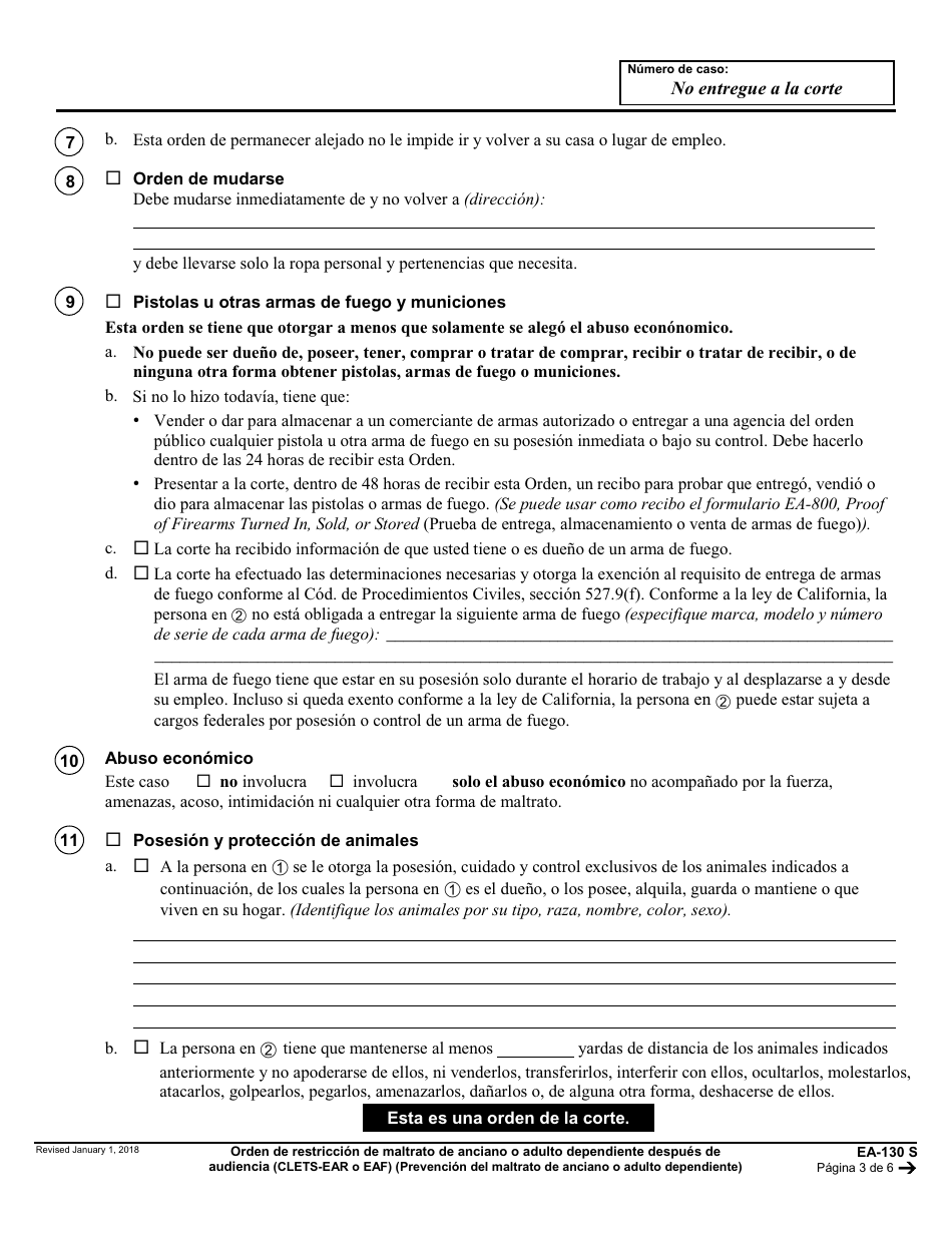 Formulario EA-130 S Orden De Restriccion De Maltrato De Anciano O Adulto Dependiente Despues De Audiencia - California (Spanish), Page 3