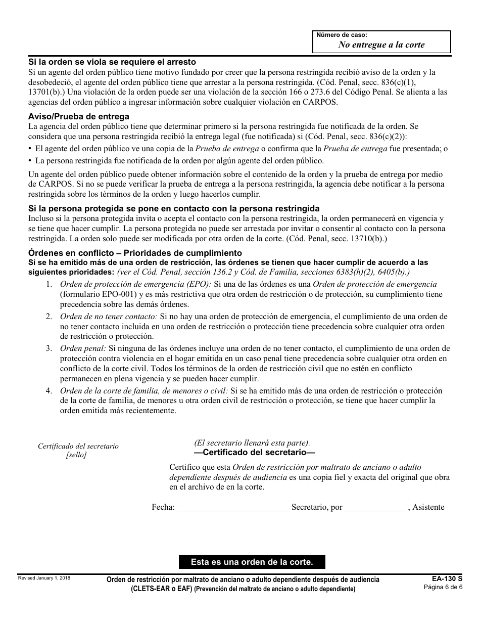 Formulario EA-130 S Orden De Restriccion De Maltrato De Anciano O Adulto Dependiente Despues De Audiencia - California (Spanish), Page 6