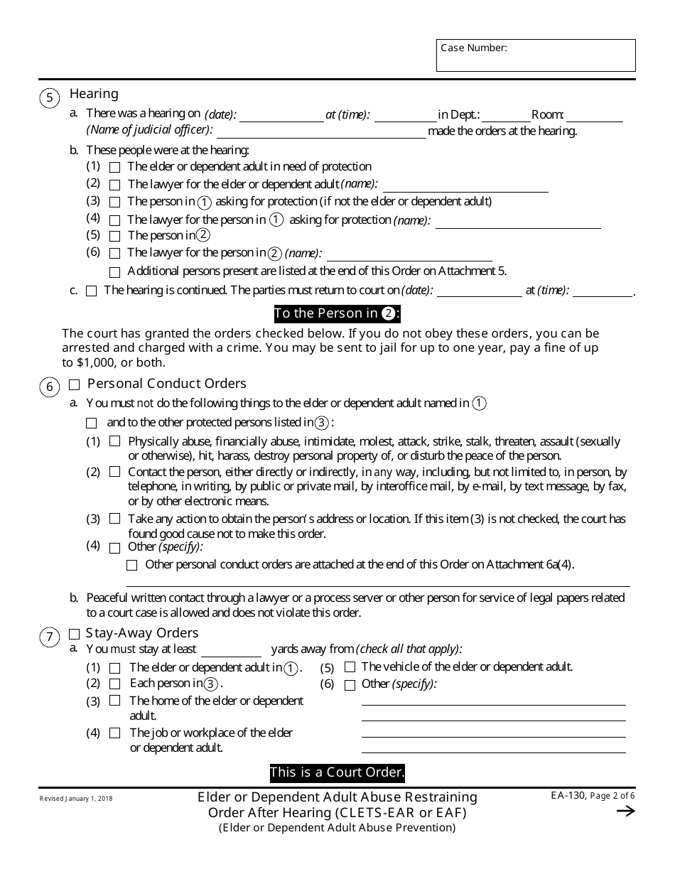 Form EA-130 Elder or Dependent Adult Abuse Restraining Order After Hearing - California, Page 2