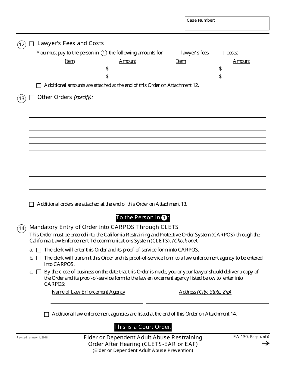 Form EA-130 Elder or Dependent Adult Abuse Restraining Order After Hearing - California, Page 4