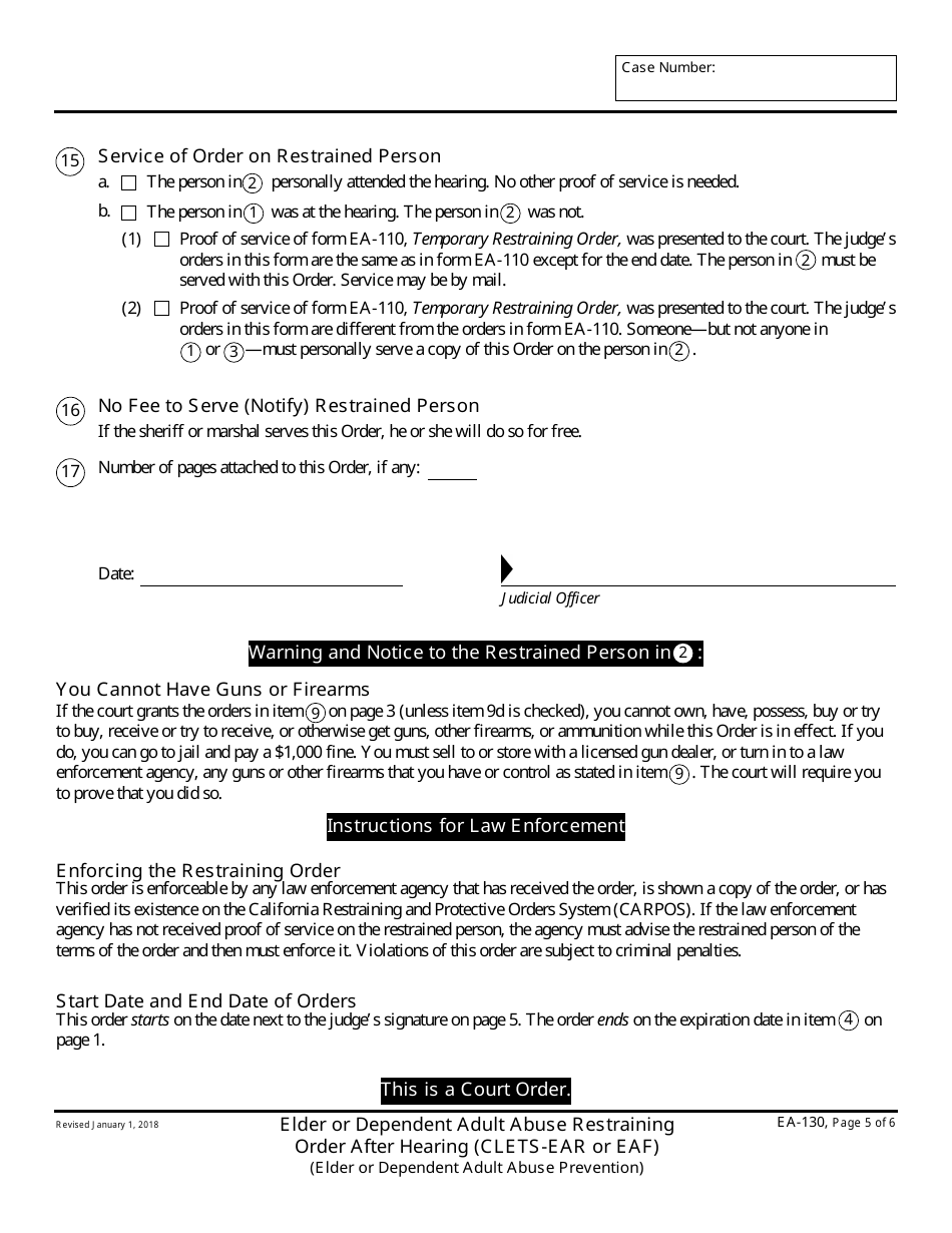 Form EA-130 Elder or Dependent Adult Abuse Restraining Order After Hearing - California, Page 5
