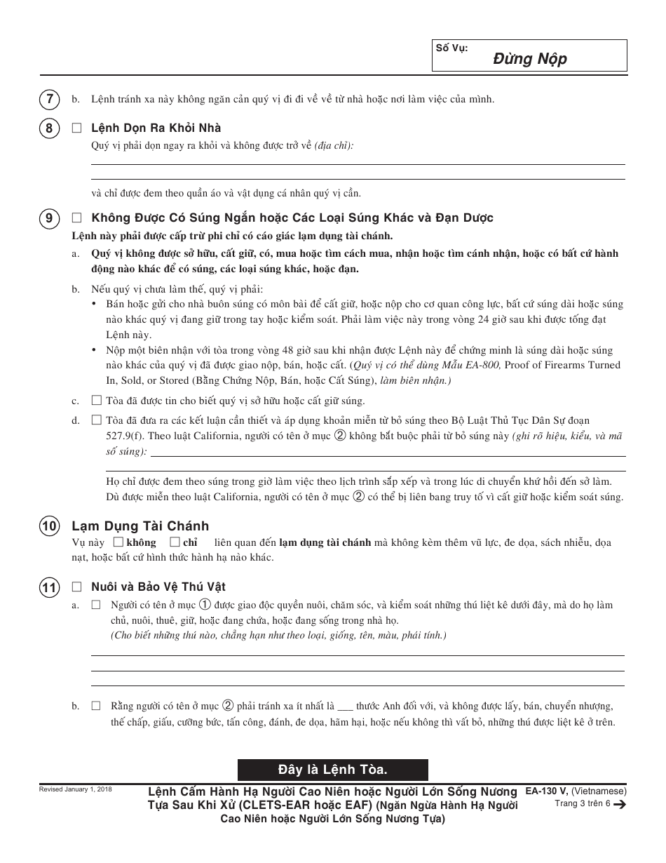 Form EA-130 V Elder or Dependent Adult Abuse Restraining Order After Hearing (Clets-Ear or Eaf) - California (Vietnamese), Page 3