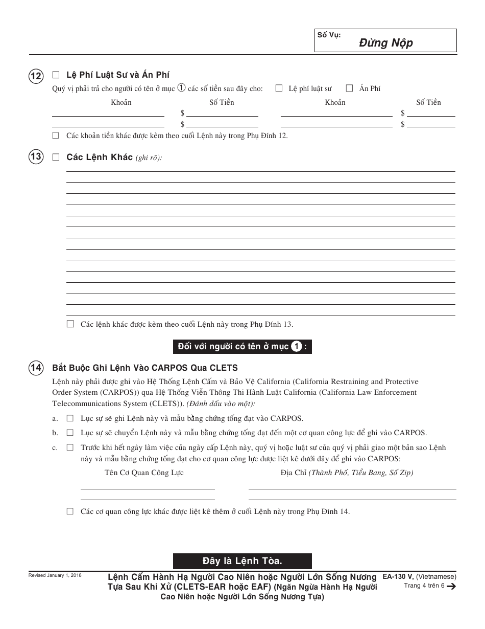 Form EA-130 V Elder or Dependent Adult Abuse Restraining Order After Hearing (Clets-Ear or Eaf) - California (Vietnamese), Page 4